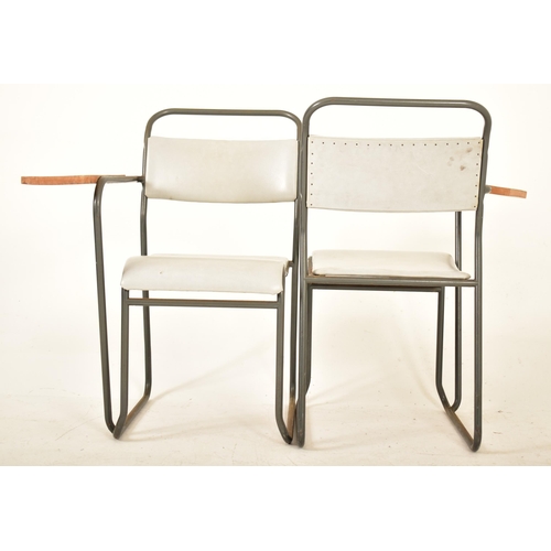 670 - A set of three vintage 20th century Industrial school desks / chairs. Each chair having a tubular me... 