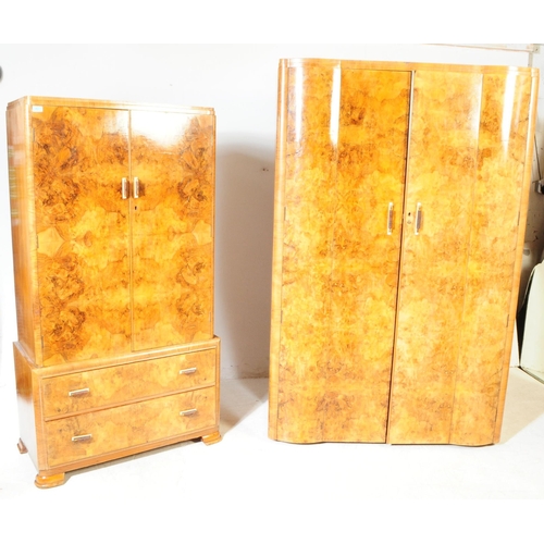 969 - Two 1930s Art Deco burr walnut wardrobe with tallboy. Having twin doors with bakelite and lucite han... 