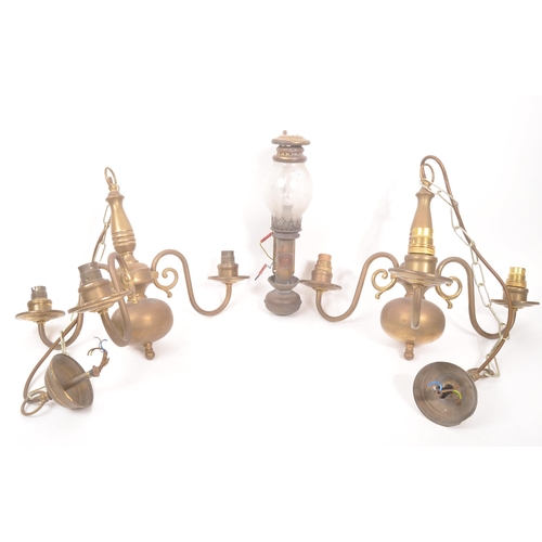 965 - Pair of vintage 20th century brass Dutch manner 3 arm chandelier. Together with a White Star wall la... 