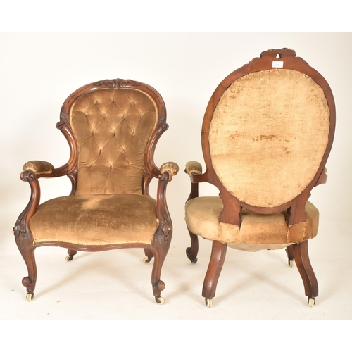 900 - A pair of Victorian 19th century mahogany framed & velvet upholstered button back His & Hers armchai... 