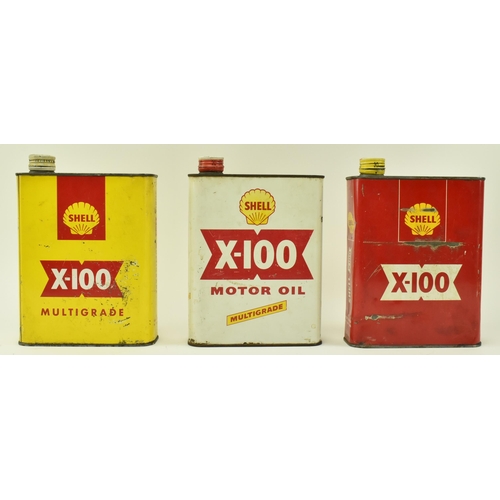 36 - Automobilia - Three vintage mid 20th century Shell X-100 motor oil cans. Each of typical form with o... 