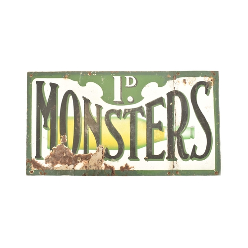 43 - Monsters - A vintage early 20th century industrial shop point of sale advertising porcelain enamel s... 