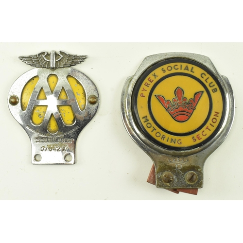 51 - Motoring interest - a vintage 20th century AA motorcycle chrome badge. Together with a Pyrex Social ... 