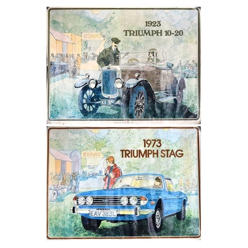 6 - Motoring interest - two vintage 1970s (1973) Triumph car dealership showroom posters by artist Barry... 