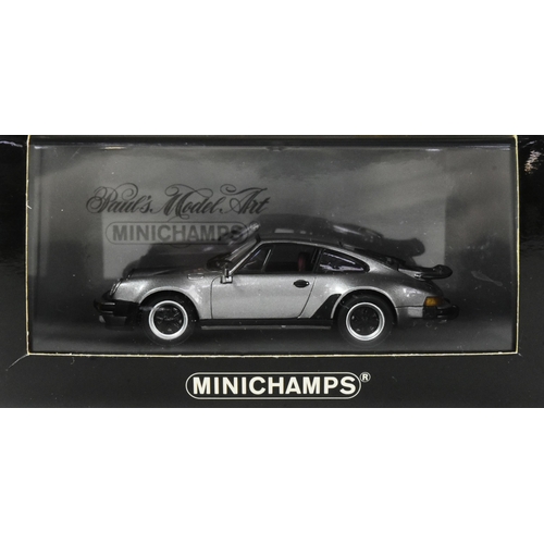 105 - Diecast - x3 boxed 1/43 scale diecast model Porsche cars comprising; Minichamps Porsche 911 Turbo, N... 