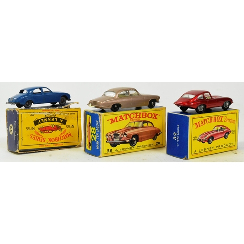 146 - Diecast - x3 original vintage Lesney made Matchbox diecast models comprising; No. 65 Jaguar Sedan, N... 