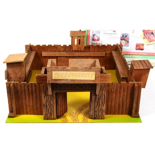 333 - JoyToys - x2 vintage 1970s JoyToys made multi-part wooden slot together model forts comprising Fort ... 