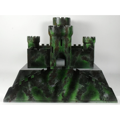 61 - A hand made scratch built wooden castle fort with internal wiring for lights. Green sand painted cam... 