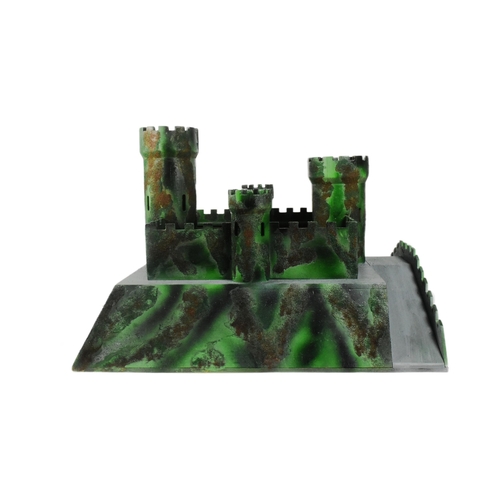 61 - A hand made scratch built wooden castle fort with internal wiring for lights. Green sand painted cam... 