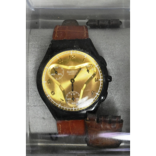 586 - James Bond - an original early 2000s James Bond Goldeneye Collection Swatch Watch. Boxed with inner ... 