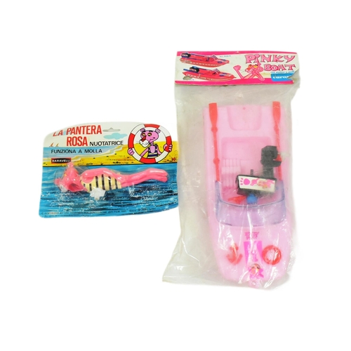 641 - The Pink Panther - x2 vintage 1980s French made Pink Panther toys comprising a rack pack wind up Pin... 