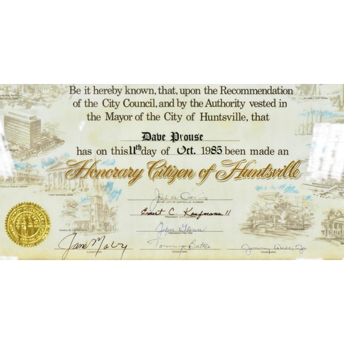 781 - Estate of Dave Prowse - The City Of Huntsville ' Honorary Citizen Certificate ' awarded to Prowse on... 