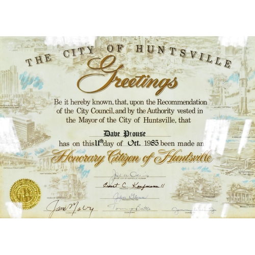 781 - Estate of Dave Prowse - The City Of Huntsville ' Honorary Citizen Certificate ' awarded to Prowse on... 