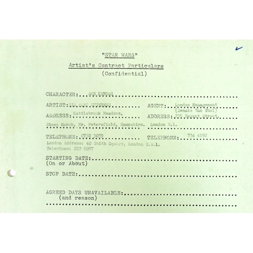 886 - Star Wars - Sir Alec Guinness - an original production used document 'Contract Particulars' for Alec... 