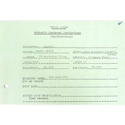 904 - Star Wars - Anthony Daniels (C3PO) - an original production used document 'Contract Particulars' for... 