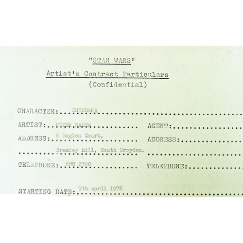 916 - Star Wars - Peter Mayhew (Chewbacca) - an original production used document 'Contract Particulars' f... 