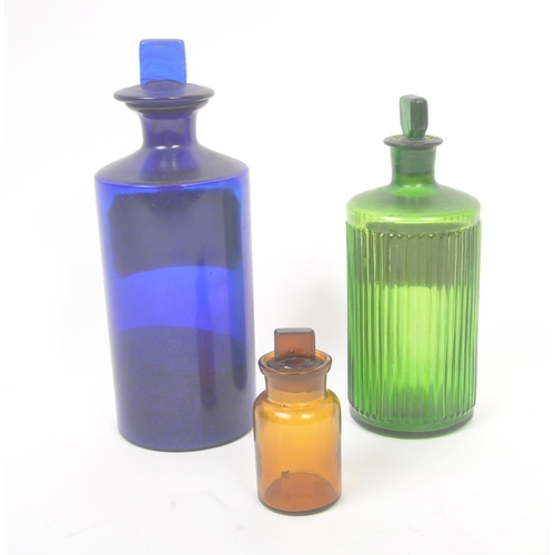11 - A collection of three vintage 20th century chemists / apothecary medicine glass bottles. Cobalt blue... 