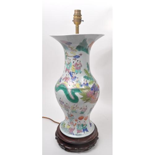 13 - A pair of vintage 20th century Chinese hand painted ceramic converted lamp vases. With light fixings... 