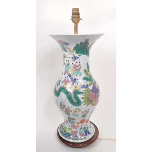 13 - A pair of vintage 20th century Chinese hand painted ceramic converted lamp vases. With light fixings... 