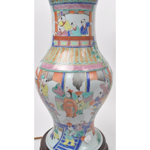 13 - A pair of vintage 20th century Chinese hand painted ceramic converted lamp vases. With light fixings... 