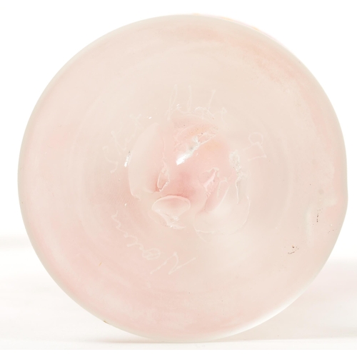 38 - A set of three 20th century studio art glass hand blown stemmed glasses. Each glass raised on a roun... 