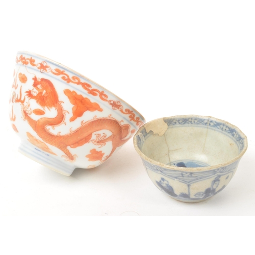 49 - Two 19th century circa 1860 Chinese porcelain bowls. One blue and white small example, with restorat... 
