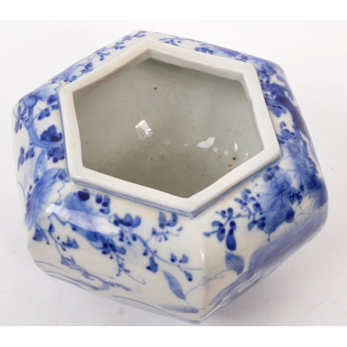 52 - Early 20th century blue and white porcelain china Chinese planter / water bowl / pot. Hexagonal shap... 
