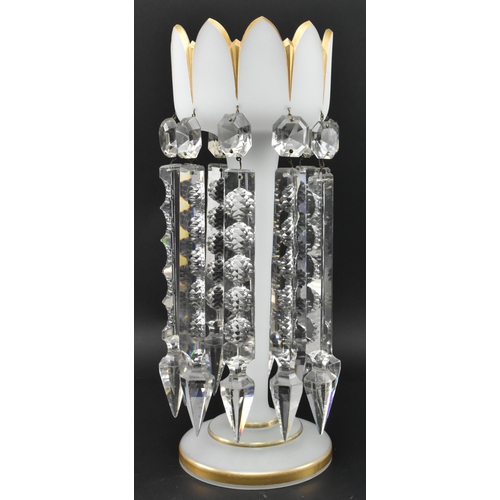 107 - A Victorian Bohemian 19th century white opaline glass candlestick lustre. The lustre having gilded r... 