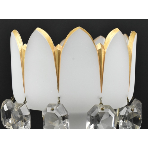 107 - A Victorian Bohemian 19th century white opaline glass candlestick lustre. The lustre having gilded r... 