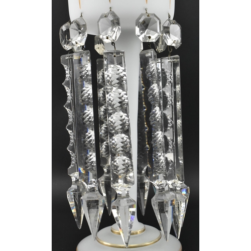 107 - A Victorian Bohemian 19th century white opaline glass candlestick lustre. The lustre having gilded r... 