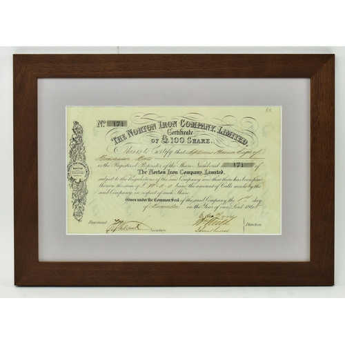 65 - A collection of three iron, steel and metal shares. The lot comprising a Stockton-on-Tees The Norton... 