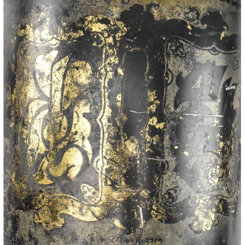 84 - A Victorian 19th century black Japanned tole painte toleware tea canister with lid  by Barnable & Co... 