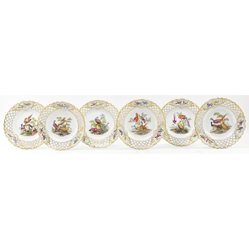 89 - A set of six Meissen Germany 19th century hand painted fine bone china decorative lattice work plate... 