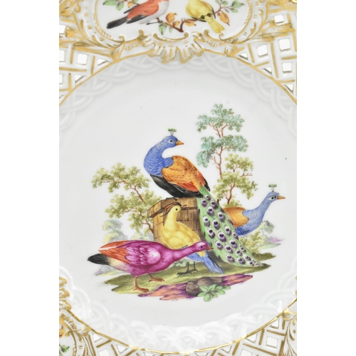 89 - A set of six Meissen Germany 19th century hand painted fine bone china decorative lattice work plate... 