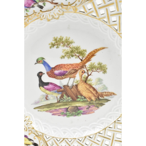 89 - A set of six Meissen Germany 19th century hand painted fine bone china decorative lattice work plate... 