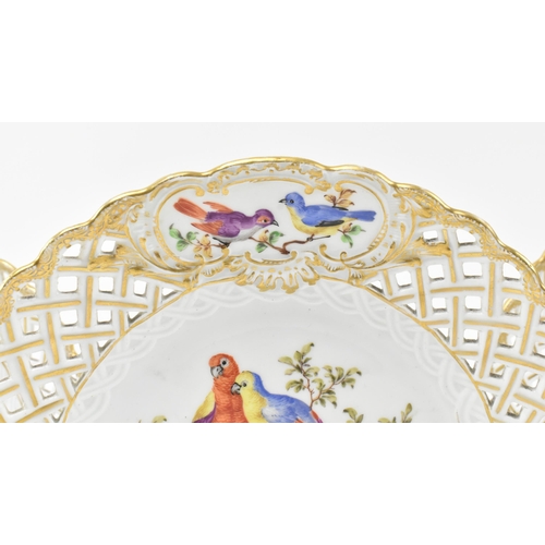 89 - A set of six Meissen Germany 19th century hand painted fine bone china decorative lattice work plate... 