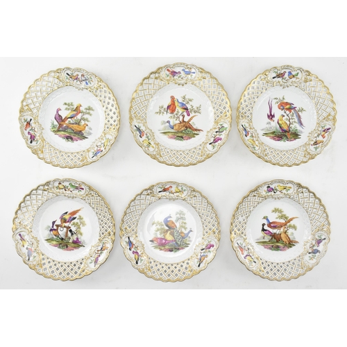 89 - A set of six Meissen Germany 19th century hand painted fine bone china decorative lattice work plate... 