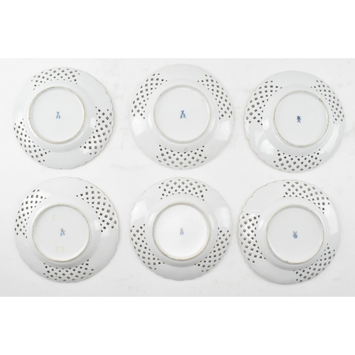 89 - A set of six Meissen Germany 19th century hand painted fine bone china decorative lattice work plate... 