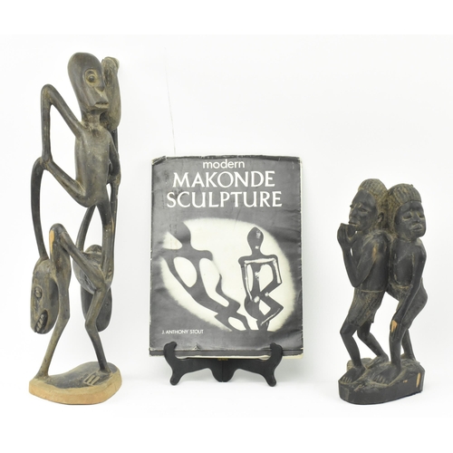 92 - Two Makonde People Tanzanian hand carved wood tribal indigenous sculptures figures. The lot to inclu... 