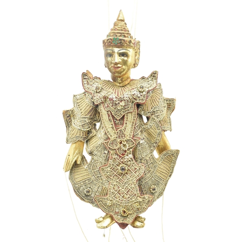 98 - A Burmese Oriental 20th century glass and sequin-adorned gilt wood marionette of possibly a Buddhist... 