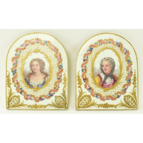 99 - Believed Sevres Porcelain, France - A pair of continental 19th century hand painted ceramic portrait... 