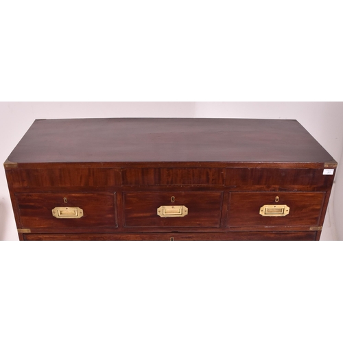 267 - A Victorian 19th century mahogany veneered & brass bound campaign chest on chest tallboy. The chest ... 