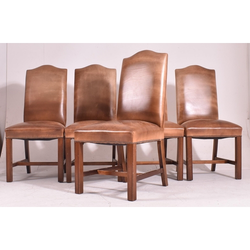 279 - A set of fourteen Gainsborough style studded brown leather and mahogany high back dining chairs. Eac... 