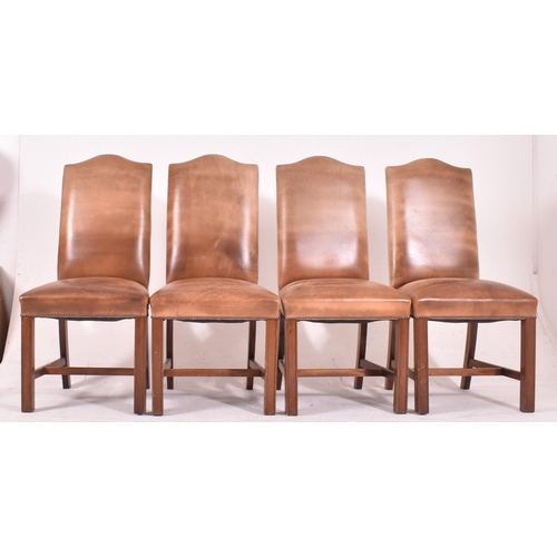 279 - A set of fourteen Gainsborough style studded brown leather and mahogany high back dining chairs. Eac... 