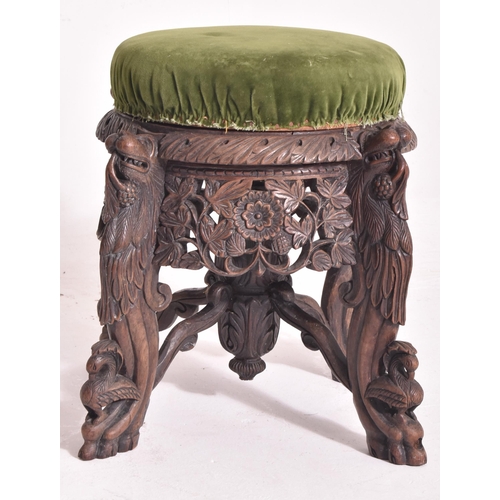 285 - An Indo-Burmese Anglo-Colonial 19th century carved hardwood & upholstered stool seat. The stool havi... 