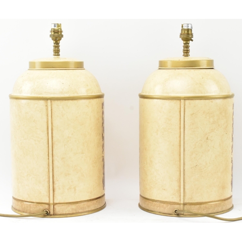 297 - A pair of Victorian style 20th century tole ware tea canister desk table lamps. Each lamp having Jap... 