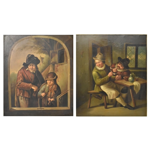 303 - Dutch Genre School - A pair of Dutch 19th century oil on metal, believed tin, genre tavern paintings... 