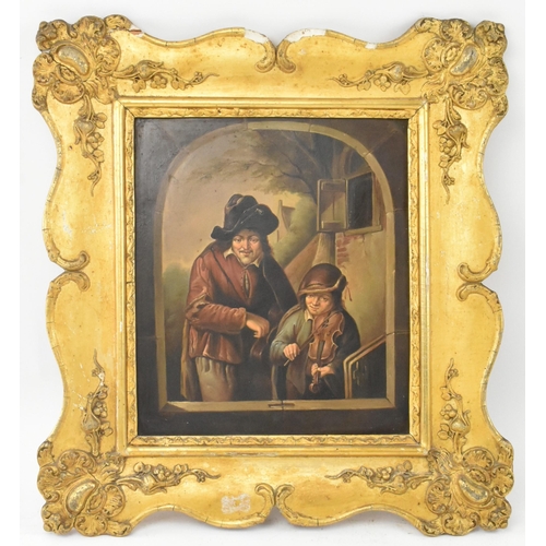 303 - Dutch Genre School - A pair of Dutch 19th century oil on metal, believed tin, genre tavern paintings... 