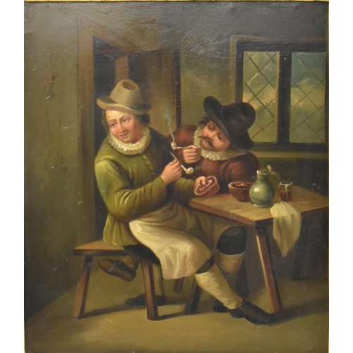 303 - Dutch Genre School - A pair of Dutch 19th century oil on metal, believed tin, genre tavern paintings... 