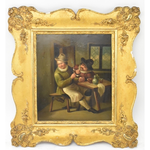 303 - Dutch Genre School - A pair of Dutch 19th century oil on metal, believed tin, genre tavern paintings... 